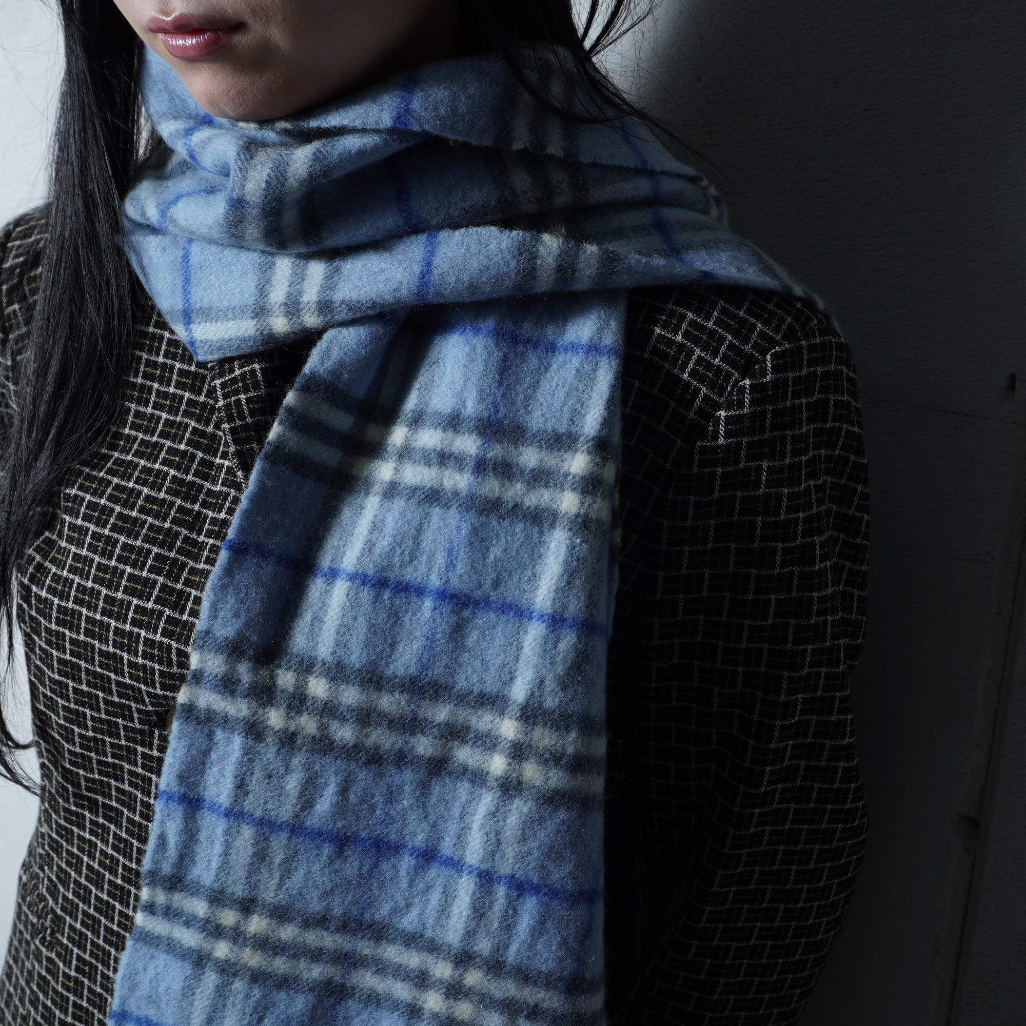 【希少色】バーバリー チェック柄 マフラー ストール フリンジ ウール ブルー BURBERRY】バーバリー ウール100％チェック柄フリンジマフラー blue