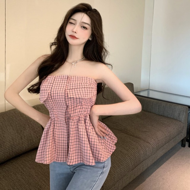 ウェスト格子柄トップス レディースサマー薄手ジャケット ショートシャツ 大人ガーリー スウィート キュート カジュアル 夏物 ガールズファッション97972095931