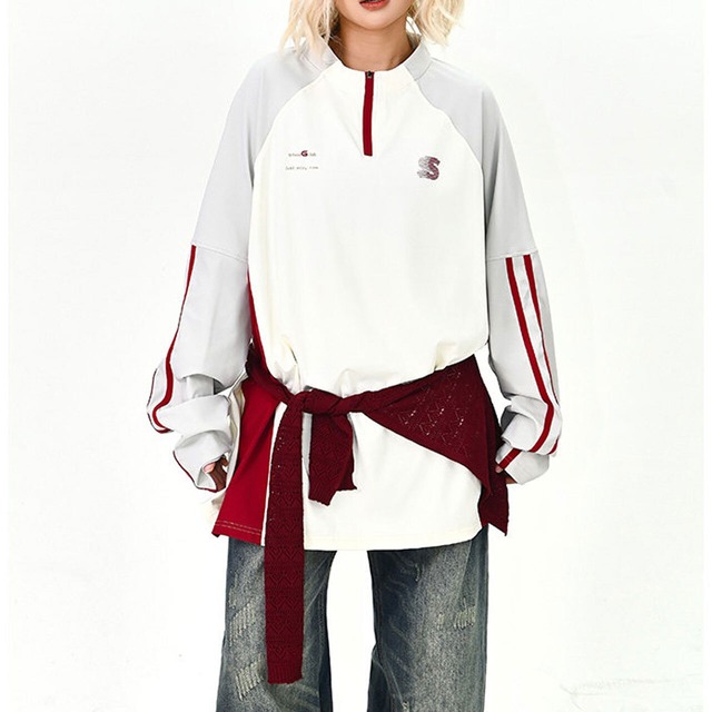 ラインスリーブハーフジップトップス
 2col   R01609