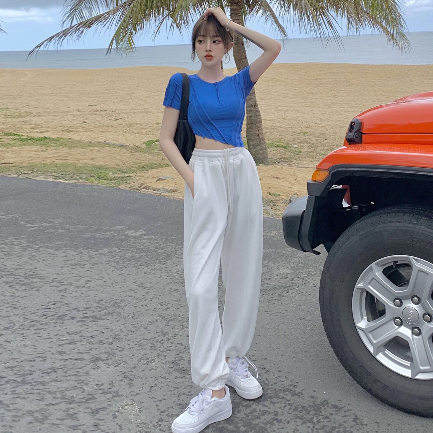 サマークロップドショートトップス カジュアルパンツ 夏物 ハンチェンe97118834726