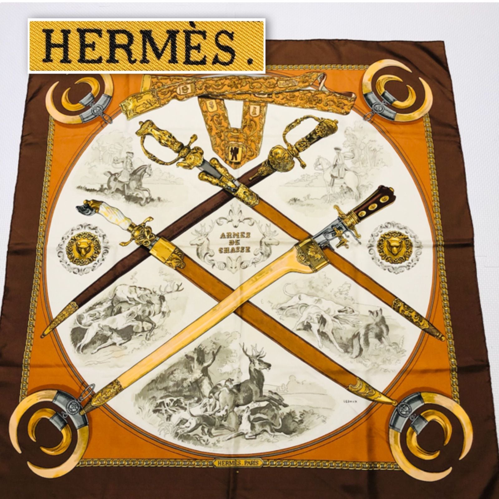 □美品□希少□HERMES エルメス カレ90 ARMES DE CHASSE 鹿狩り 大判
