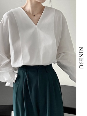 v-neck nichi-cuff classy blouse【NINE7681】