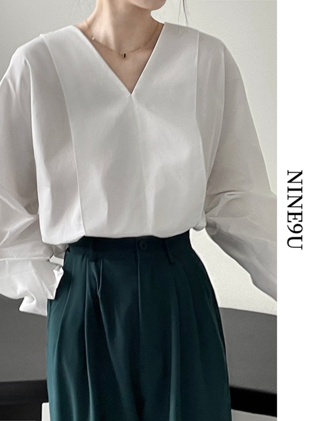 v-neck nichi-cuff classy blouse【NINE7681】