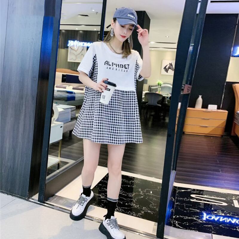 サマーラウンドネック半袖スリーブブラックホワイト格子柄ドレス ロング薄手 ショート ハーフスリーブ 大きめサイズ 夏物 Oネック ステッチ ミックスインファッション83758983971