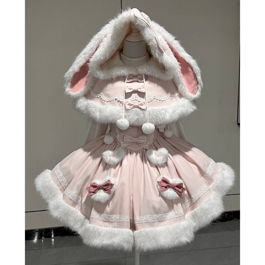 【冬ロリータ/量産型コーデ】ふわもこ ウサギ耳 ケープ付き2点セット|甘かわ Aライン 地雷系・ゆめかわ