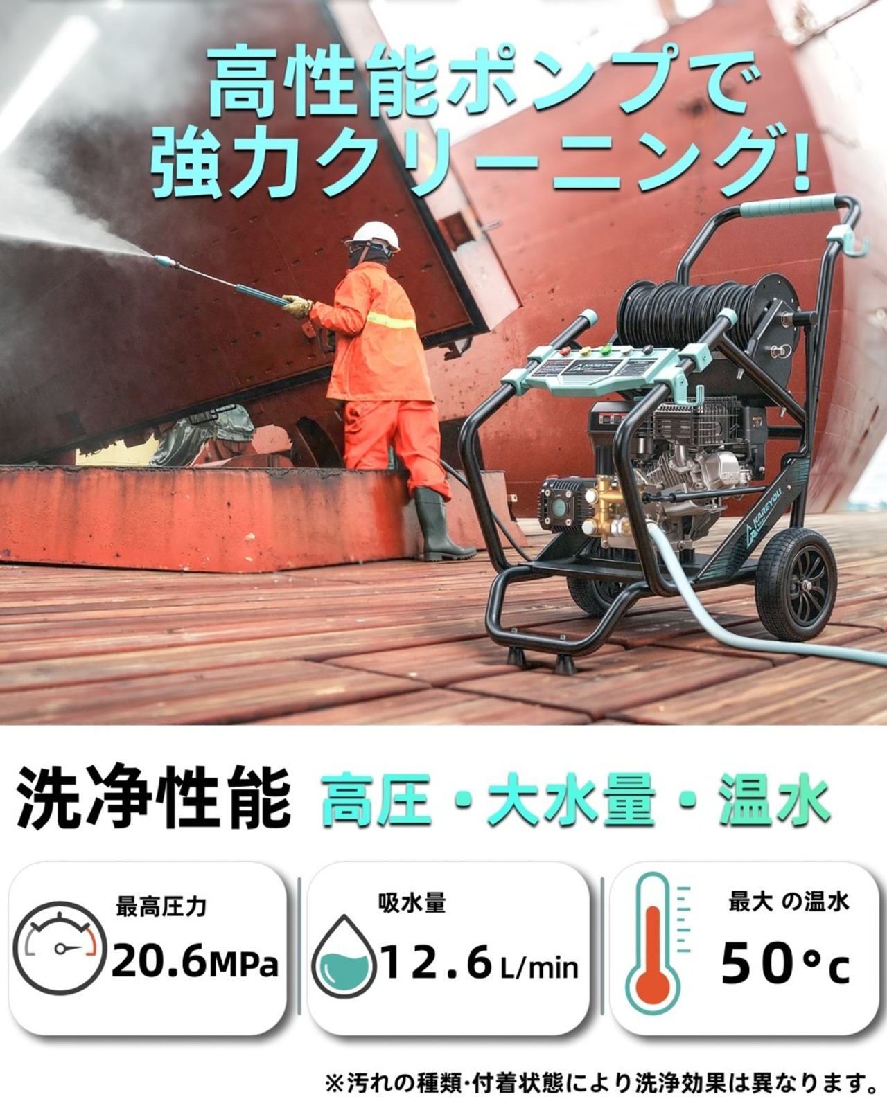 kareyou エンジン高圧洗浄機 223cc 使用圧力20.6MPa 吐出量11.3L/min 高耐久クランク式3連プランジャーポンプ セラミック溶射仕様 自吸1.5m ホースリール付き 10m高耐久高圧ホース 大型タイヤ 2WAYハンドル ガソリン式 業務用 KR20EJ-s