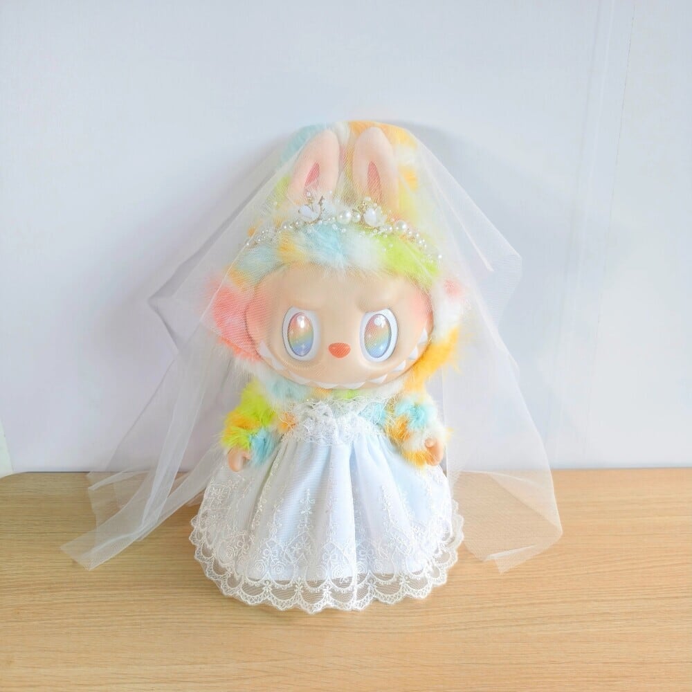 とにかく可愛い!labubu 38cmラブブ用 ウェディングドレスコーデ 花冠&ベール付き レインボーロックで可愛く演出 大きいサイズのラブブにぴったり