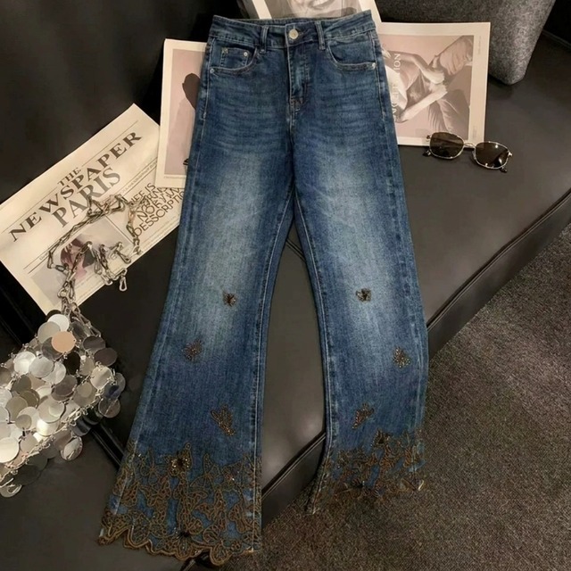 スカラップレース ハイウエスト フレアデニムパンツ 241580