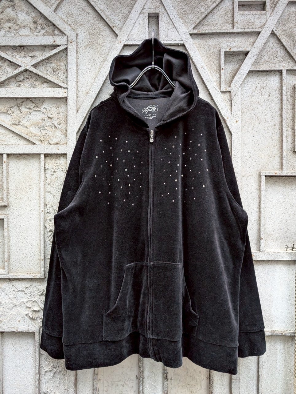 "RHINESTONE VELOUR ZIP UP HOODIE"