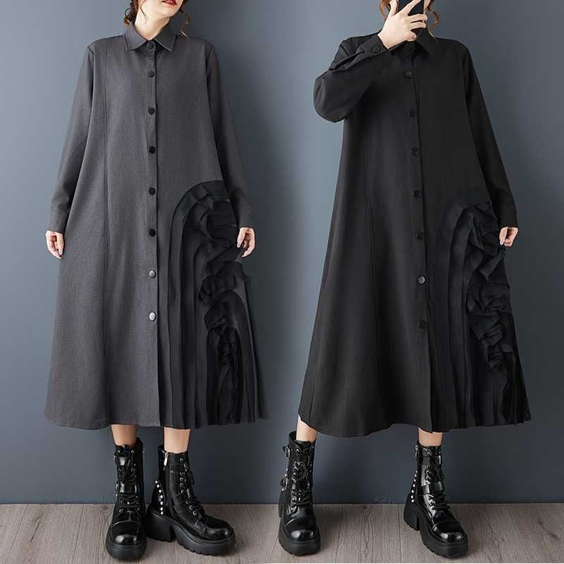 SOLID A-LINE MIDI DESIGN SHIRT DRESS 2colors M-15784