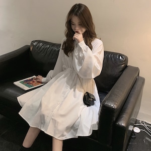 ワンピース 長袖 レディース 春夏秋 韓国 シャツワンピース きれいめ 大人 かわいい フェミニン シンプル ボリュームスリーブ おしゃれ 大人可愛い 大人女子