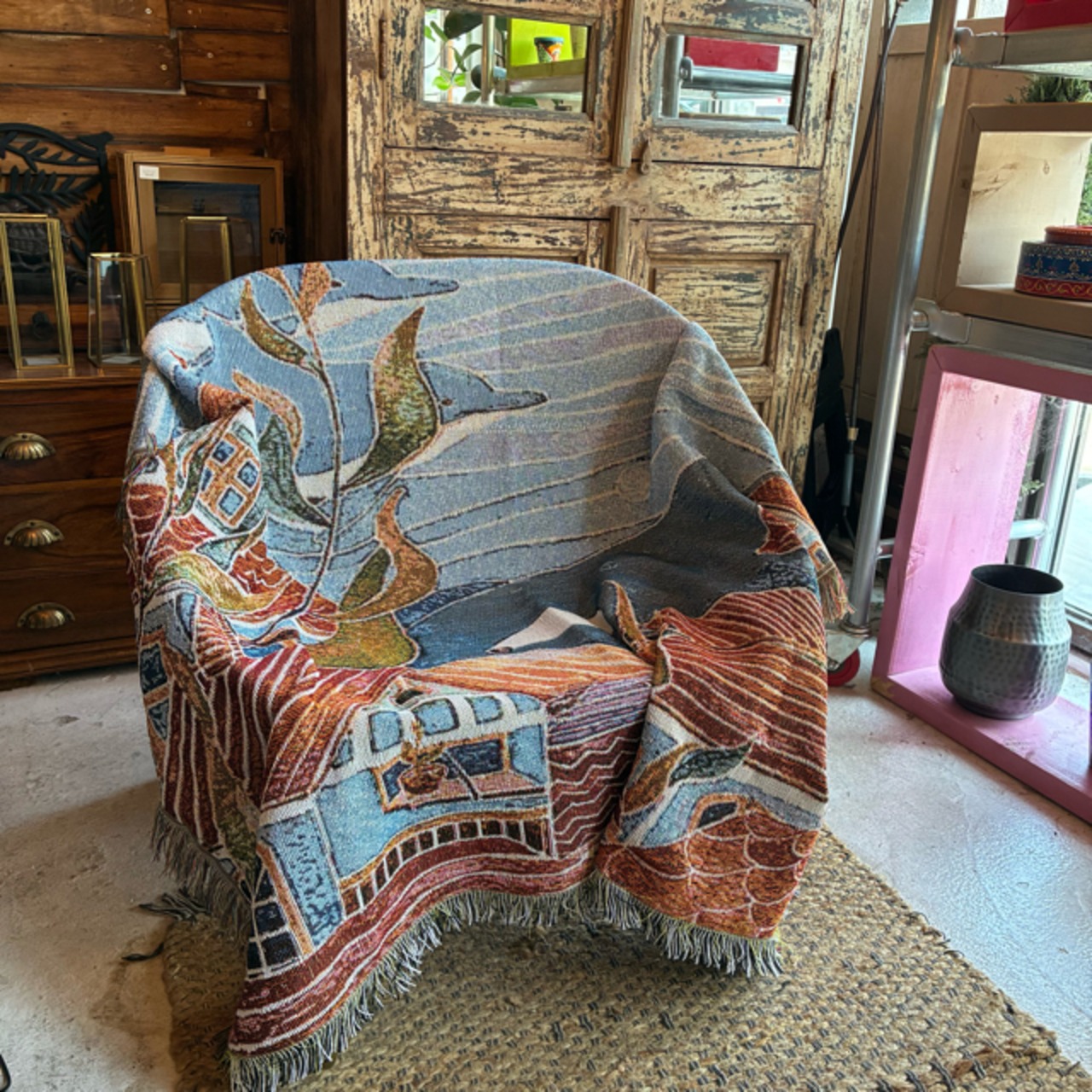 TOPANGA Homefurnishing town with Dolphin Throwket　イルカのいるまちスローケット　130×160cm　ブルー　シャチ　さかな　海　街並み　ソファカバー　ベッドカバー　ブランケット　カーテン