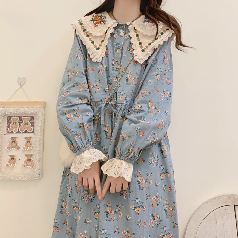 森ガール刺繍ドールカラー小花柄ワンピース W0784 | Wild 森ガール刺繍ドールカラー小花柄ワンピース W0784 | Wild
