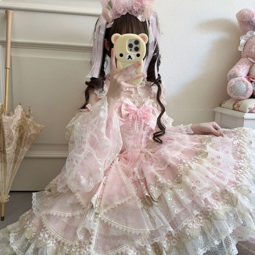 甘ロリJSK チョーカー 姫袖付き ピンク 多層フリルレース姫系ロリータ