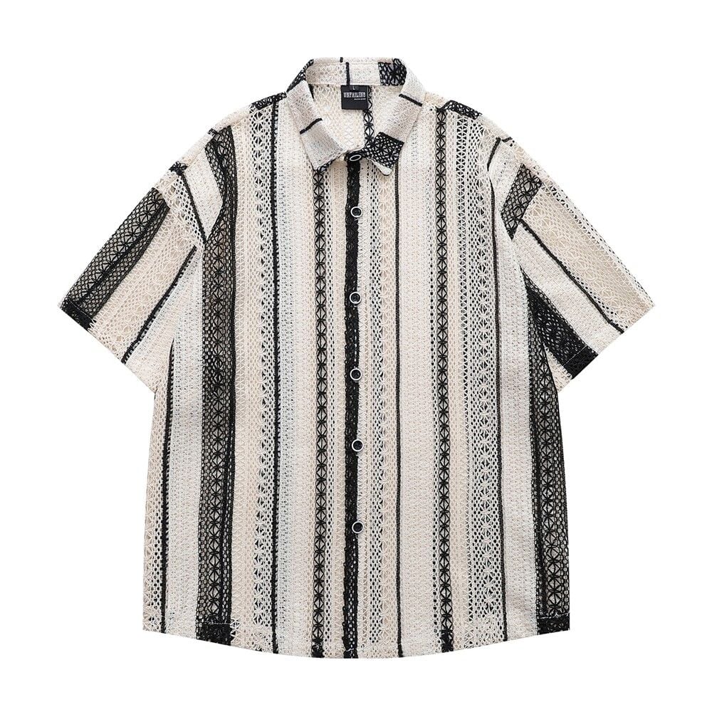 【UNISEX】OPENWORK STRIPED KNIT SHORT SLEEVE SHIRT M-18053