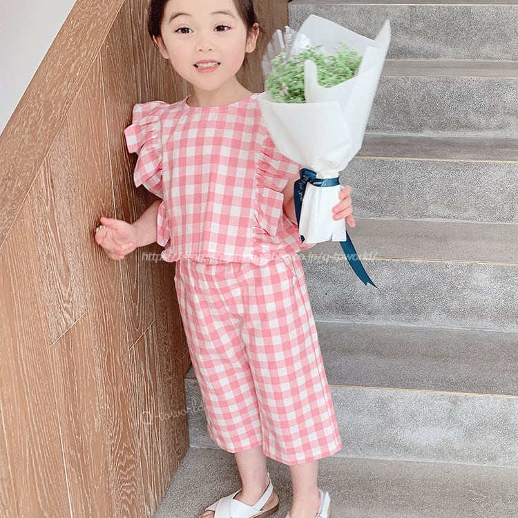 80-130㎝】ピンク 2点セット/トップス+パンツ セットアップ フリル 