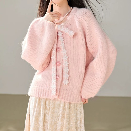 フラワーリボンクルーネックニットカーデ ・79380