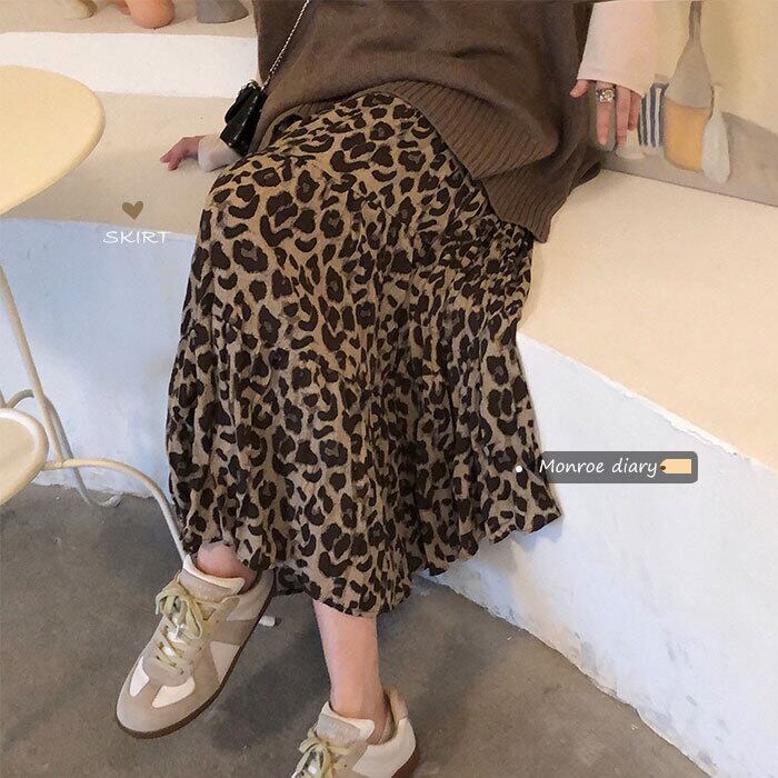 レオパードプリント柄スカート スプリングハイウェストロング薄手Aラインプリーツ 春物 モンロー5865296931