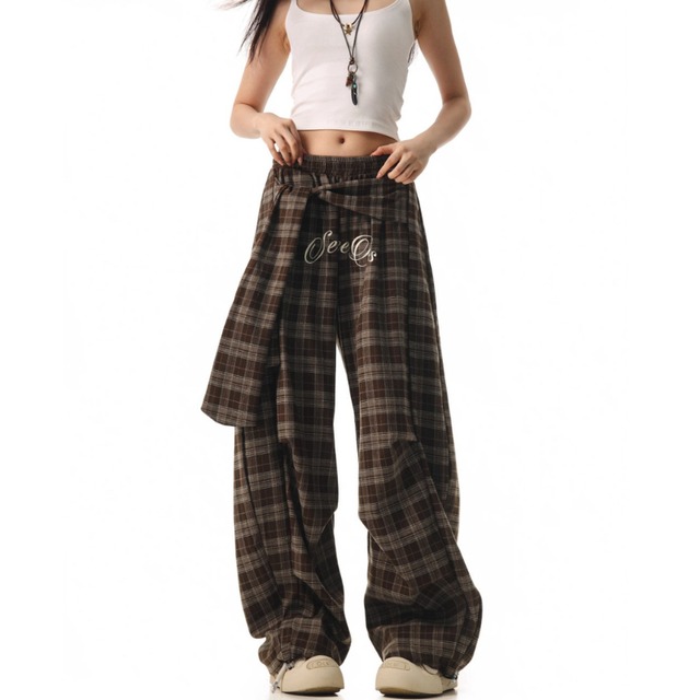 brown checkered pants with a waistband-like design　腰巻風ブラウンチェック柄パンツ　J1521