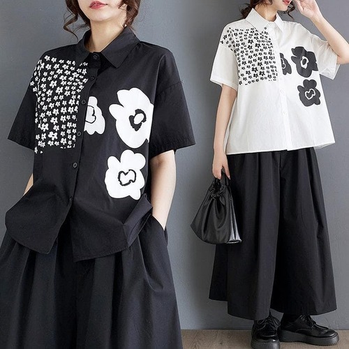 【新品】大きいサイズ春夏半袖シャツ花柄ゆったり トップス