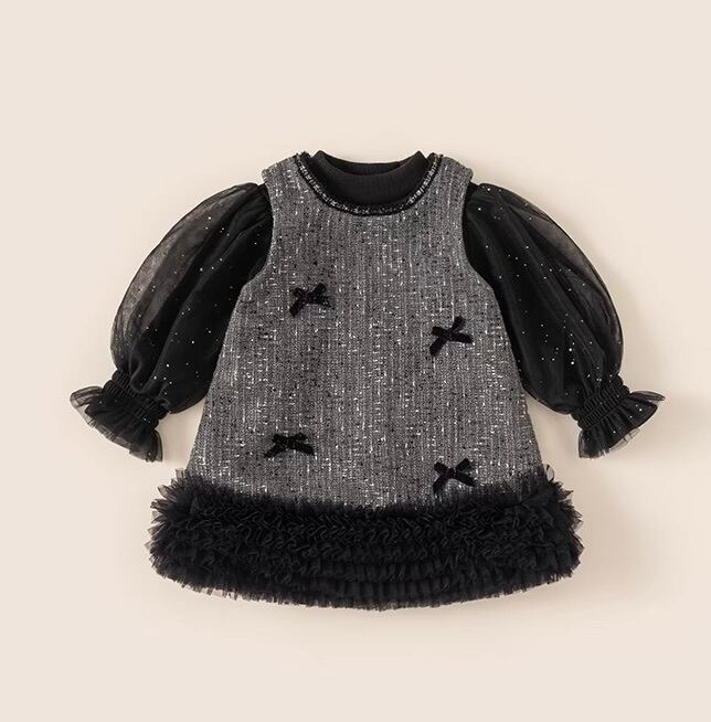 【90-130cm】裾チュールリボン裏起毛ワンピース&裏起毛トップス【071018】