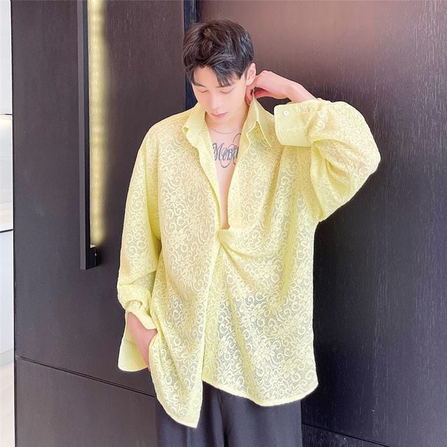 予約販売】シャツ メンズ 長袖 花柄 シアー素材 オーバーサイズ