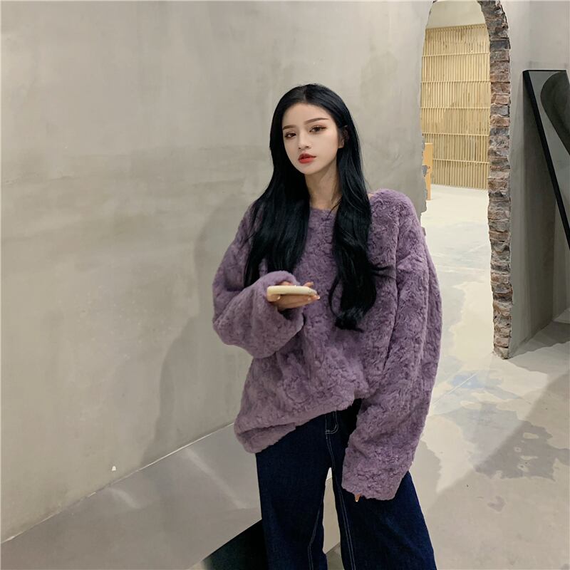 ウールセーター レディースルーズラウンドネックトップス オータムウィンター 秋物 冬物 Oネック ブラックストロベリース31045265074