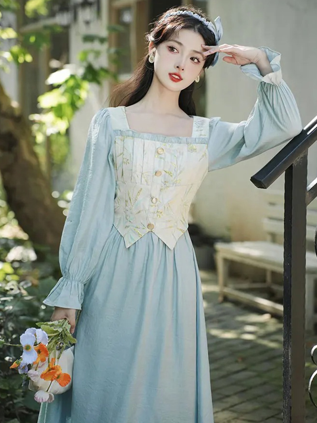 【0263】Vintage Square Neck Jacquard Long Sleeve Dress