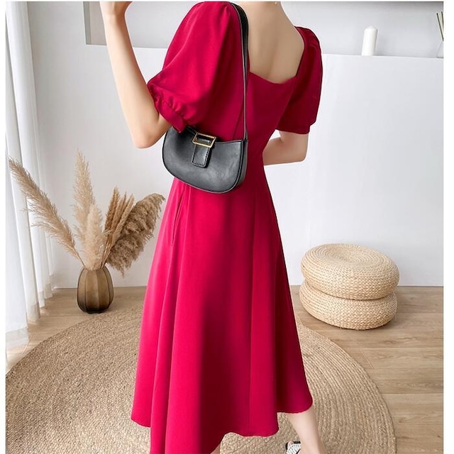 全3色 大きいサイズ結婚式 ワンピース ロングワンピ 袖あり パフスリーブ ミモレ丈 エレガント きれいめ レディース ドレス 半袖 フォーマル セレモニー 発表会 パーティー 大人 可愛い クラシカル レッド 赤 ホワイト 白 ブラック 黒 春 秋 夏 代 30代 40代 50代