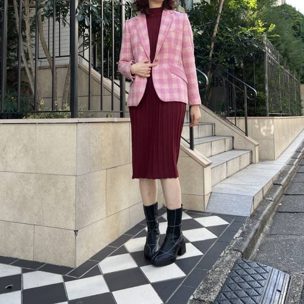 【近年 XL リネン】パパス　テーラードジャケット　ピンク　ストレッチ　チェック Vol. 2 春が来た。パパスを着て街へ出よう。 ｜ ぼくのパパス、わたし