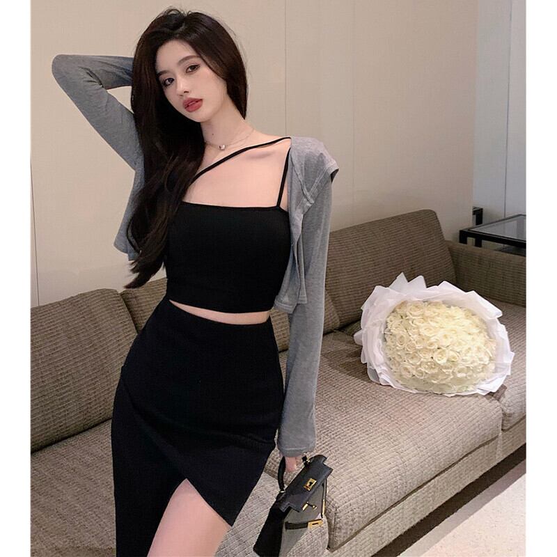 オータムスリム薄手グレージャケット ショートフードカーディガン ロング 秋物 ピュア ガールズファッション56563448768