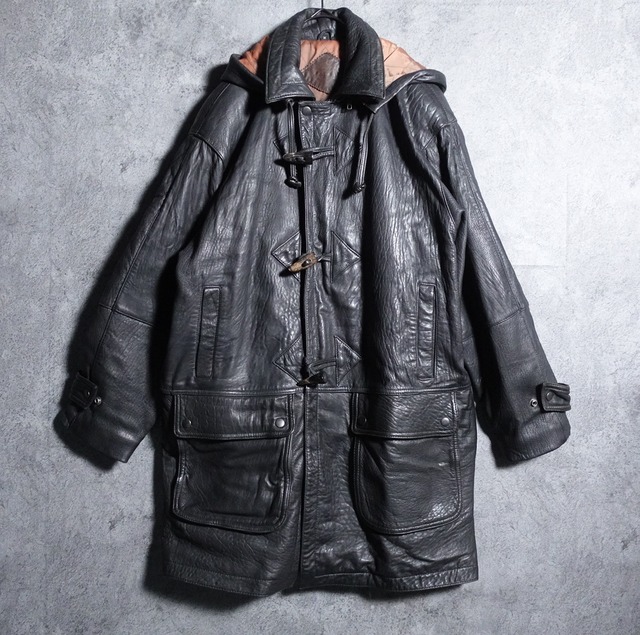 Black duffle leather coat
