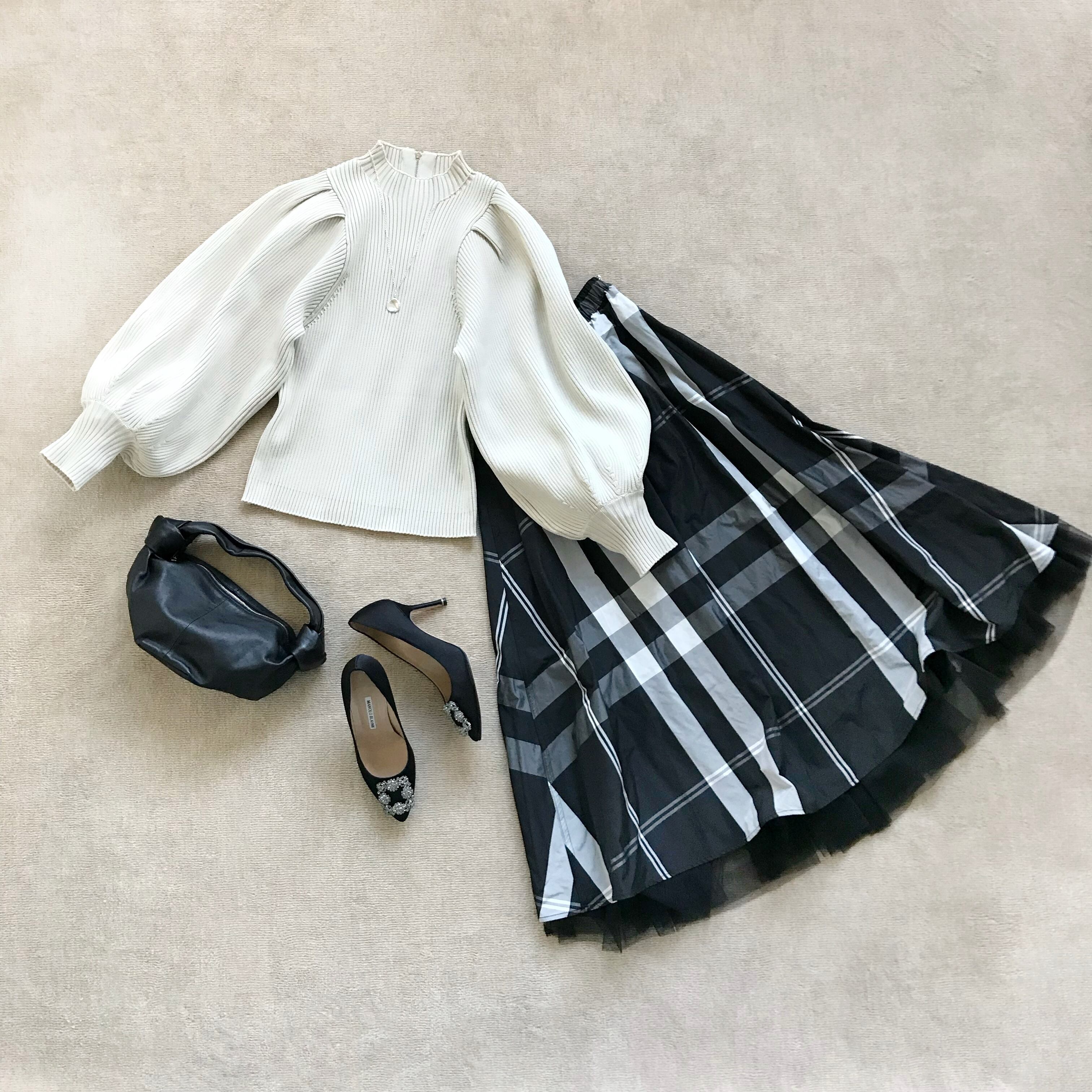 プライオリティ シソラス タフタチェックスカート 白