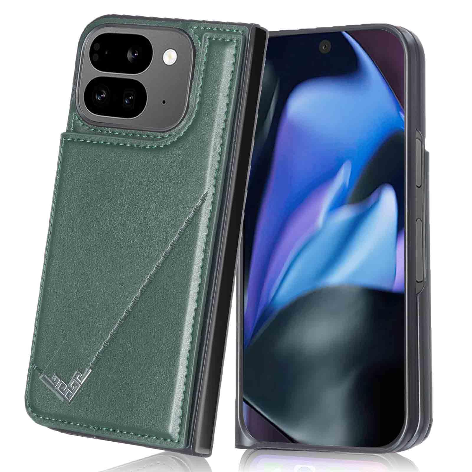 【Viesa】背面カバー ケース手帳型 互換性 Pixel 10 Pro Fold 対応 GOOGLE ランヤード付 背面型ケース (ダルグリーン) 美しい、軽·薄 持ちやすい、滑り止め、すり傷防止マグネット 横置きスタンド機能 財布型 スマホバックカバー ピクセ10プロ フォールド グーグルPixel10profold GREEN
