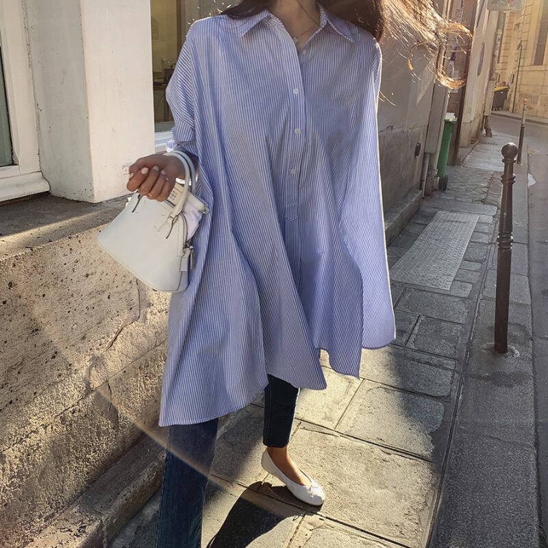 青色ロングシャツ 長袖 ボタン付き シャツ ロングシャツ 長袖シャツ 