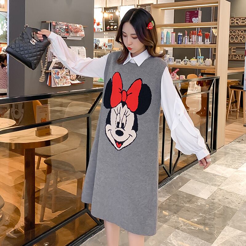 【新作】【送料無料】 マタニティウェア2019秋と冬の新しいファッションラペルシャツ+ニット漫画ミドル丈ベストスカート2人の妊婦-アリババ オータム 秋物 ウィンター 冬物 expec250683134393