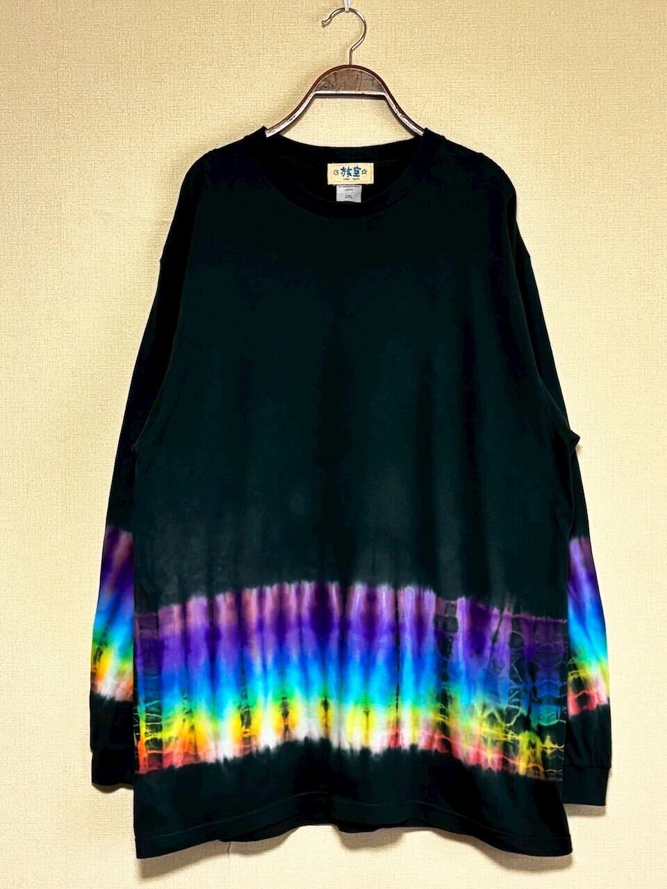 タイダイ Tie-dye 長袖Tシャツ XXLサイズ ブラック×レインボー HIPPIES