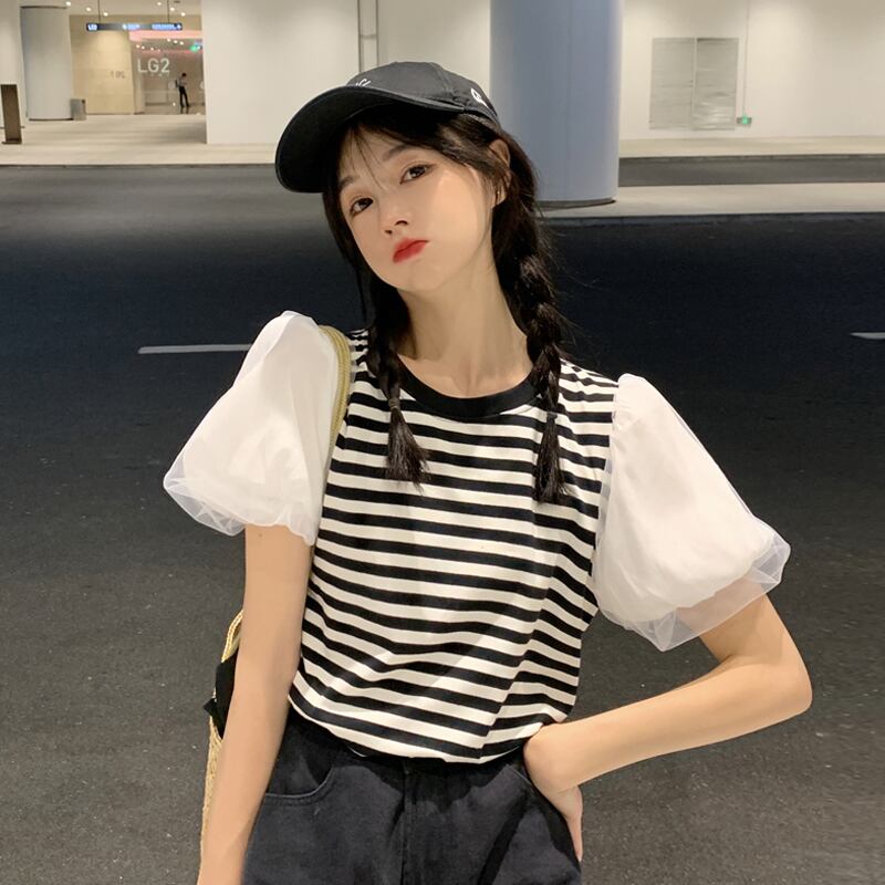 ストライプスリーブTシャツ サマーレッドスタイル 夏物 試着室8763013928