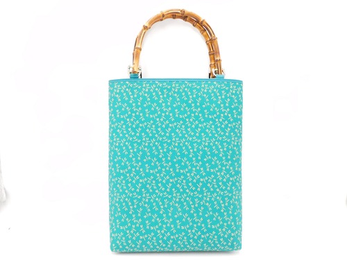 バンブー手提げ　ターコイズ/白　トンボ柄