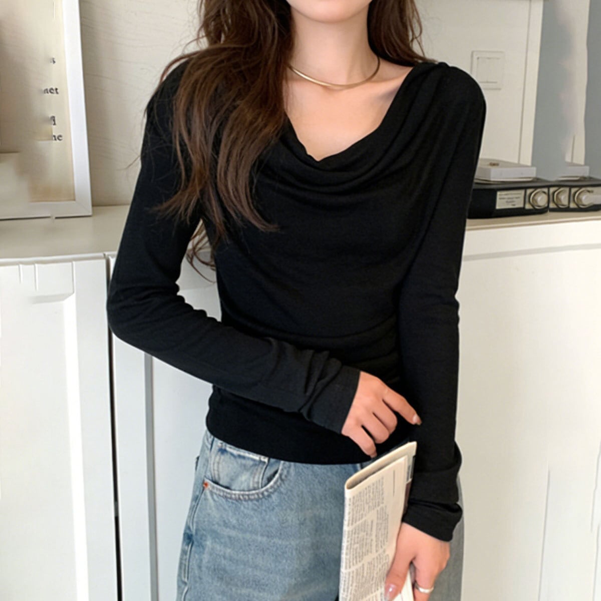 ドレープ Tシャツ 長袖 レディース 春秋 トップス 韓国 大人 カジュアル きれいめ ストリート おしゃれ ドレープネック 無地 カットソー 大人可愛い 大人女子