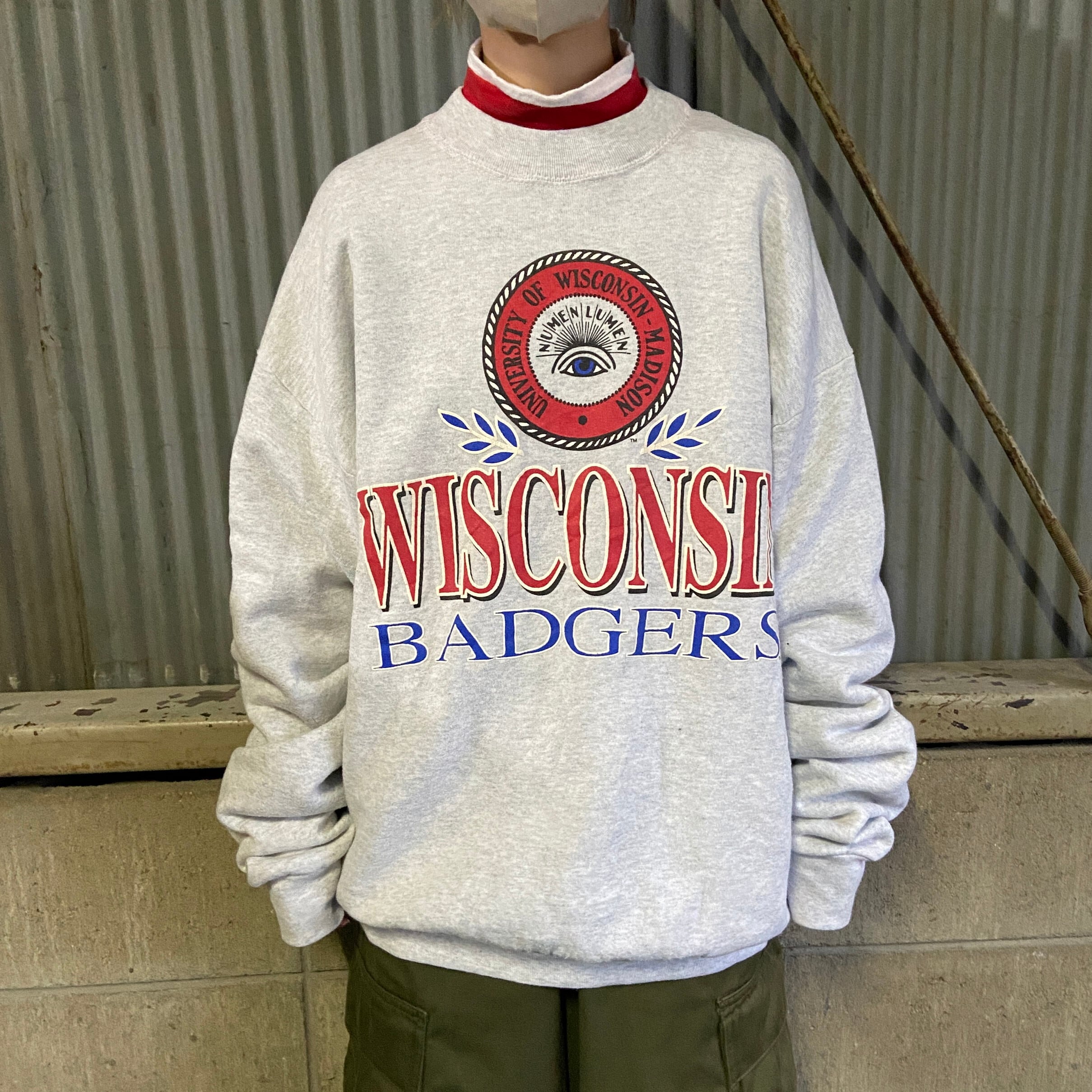 USA製 90年代 ウィスコンシン バジャーズ カレッジチーム スウェット メンズXL 古着 90s ヴィンテージ ビンテージ Wisconsin  Badgers チームロゴプリント グレー レイヤード トレーナー【スウェット】【CP50】【CS2312-50】 | cave