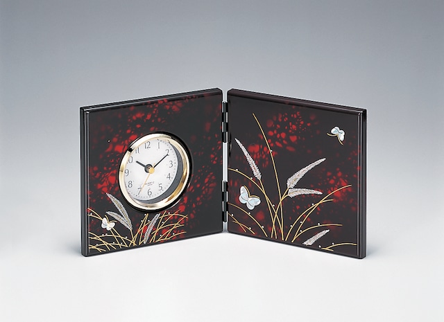 36-3910 漆芸屏風時計（小） 黒 扇面 Lacquer Folding Screen Clock Small Colorful Fan Motif