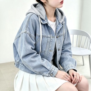 デニム ジャケット レディース 春秋 韓国 ストリート フード付き Gジャン レイヤード風 ドッキング 長袖 バックボタン ドローコード ゆったり 体型カバー 甘辛MIX カジュアル 羽織り [LF-CGJ001]