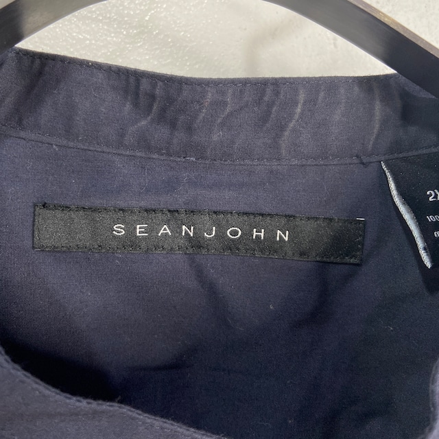 『送料無料』SEANJOHN バンドカラーパッチワークシャツ ネイビー 2XL