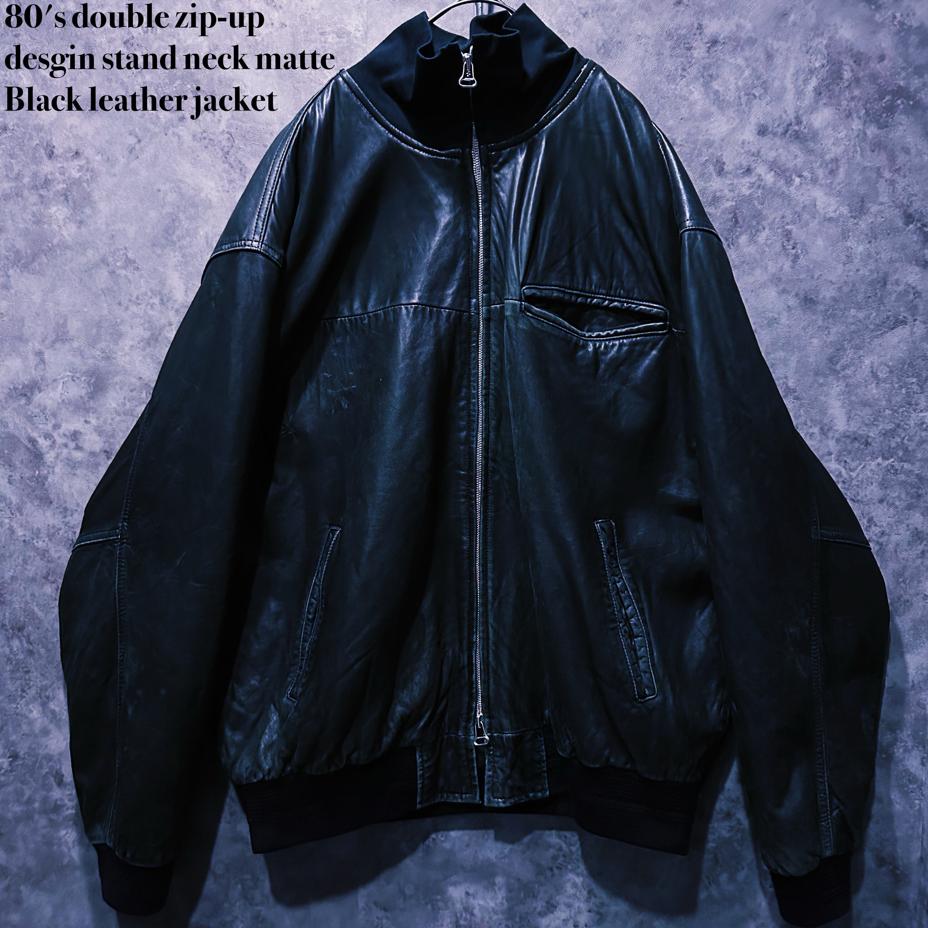 【doppio】80's double zip-up desgin stand neck matte Black leather jacket