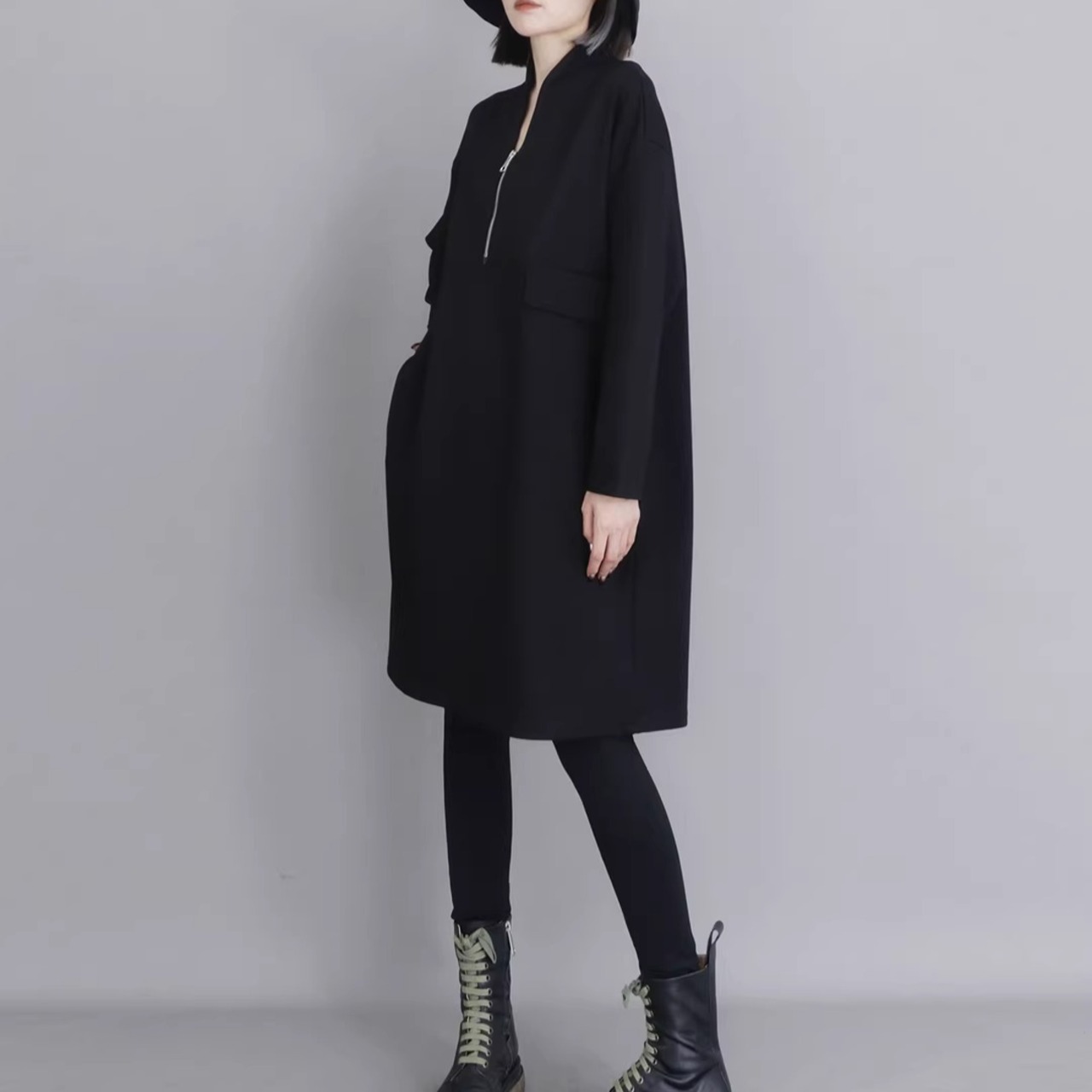 Black Minimal Style Midi Dress, Loose Fit Zip-Up Casual Dress (ME278)