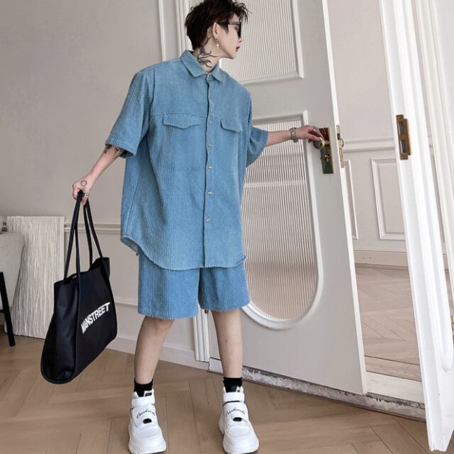 予約販売】メンズ セットアップ 上下 パンツ 半袖 シャツ デニム
