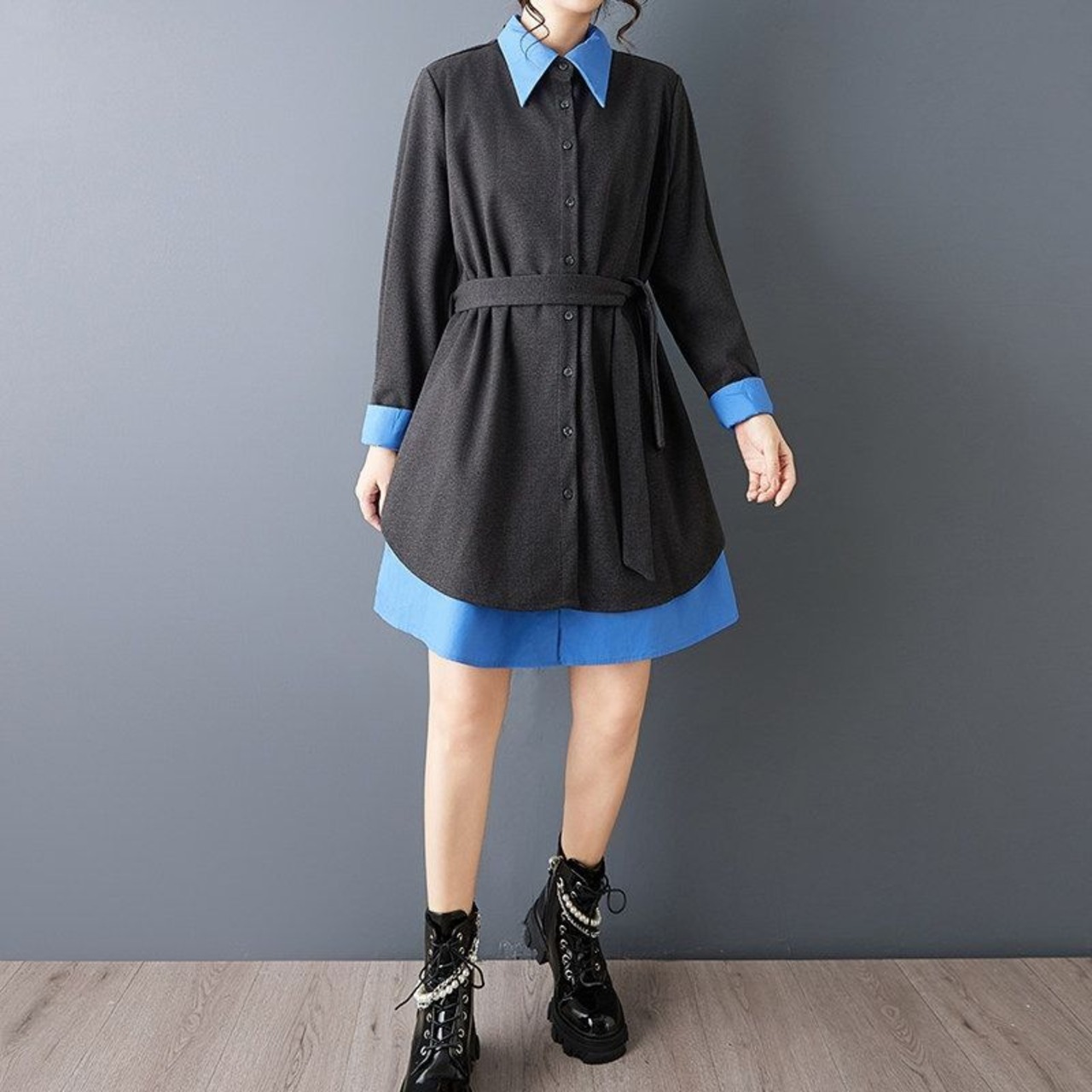 レイヤード風 配色 シャツワンピース  00130