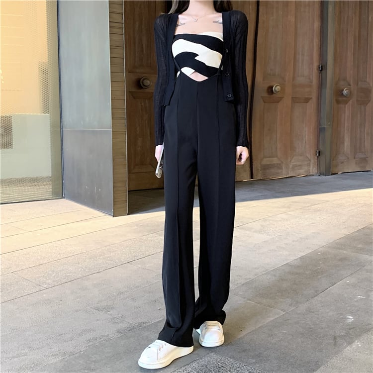 ニットカーディガンストライプカラートップス ウェストスリムオーバーオール ワイドレッグパンツ レディース ワイドパンツ ドラファッションホール25243797041