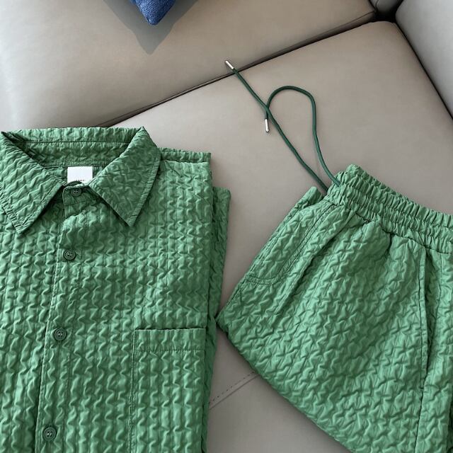 予約販売】メンズ セットアップ 上下 ハーフパンツ 長袖シャツ 無地